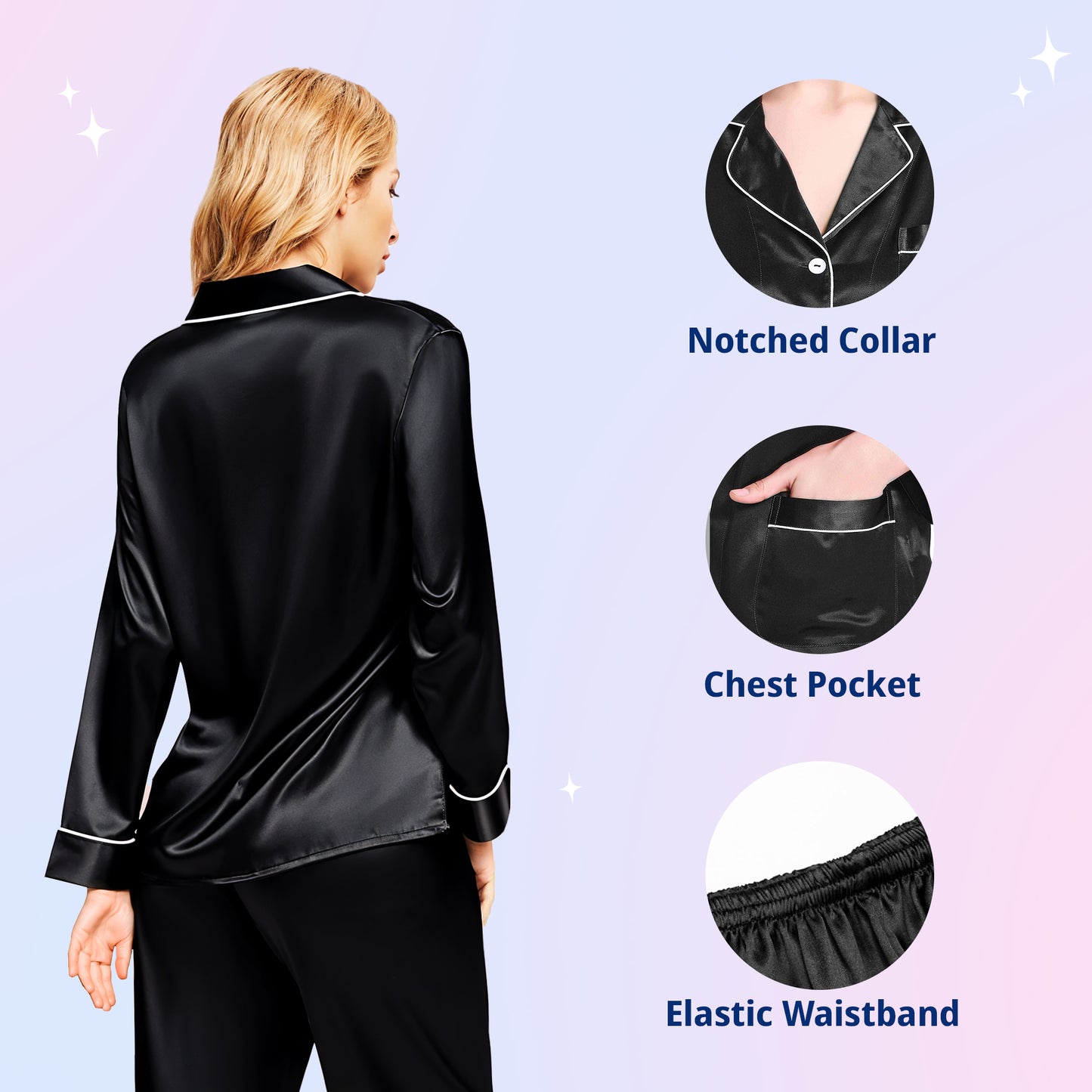 Women Silk pyjama Set - Long Sleeve Top & Elastic Waistband Pants