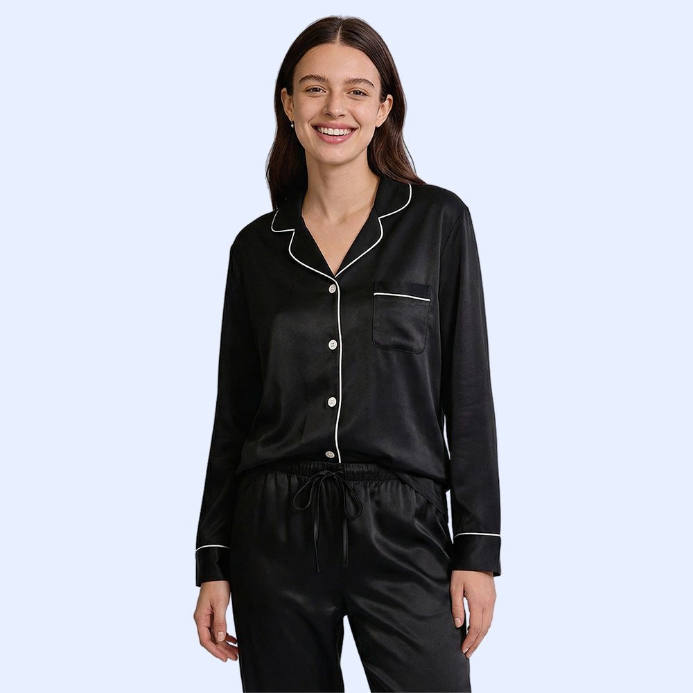 Women Silk pyjama Set - Long Sleeve Top & Elastic Waistband Pants