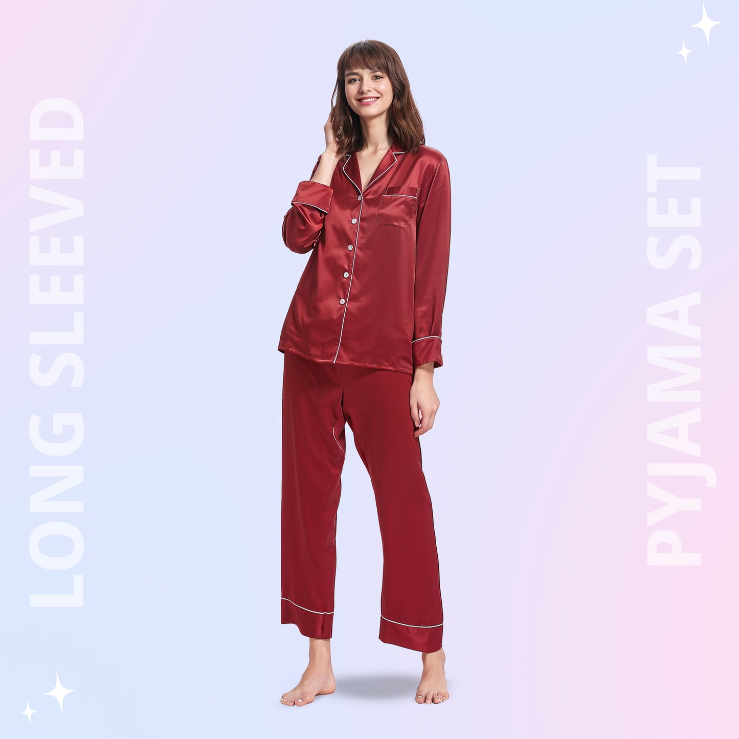 Women Silk pyjama Set - Long Sleeve Top & Elastic Waistband Pants