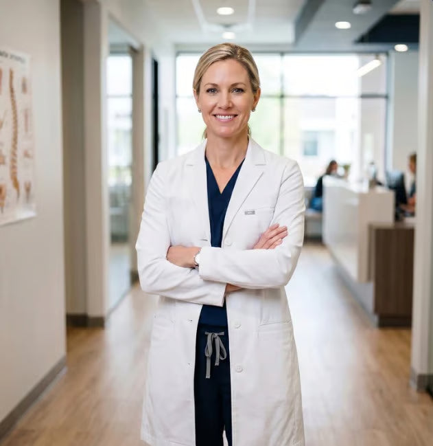 Friendly smiling female sleep specialist doctor standing in clinic hallway
