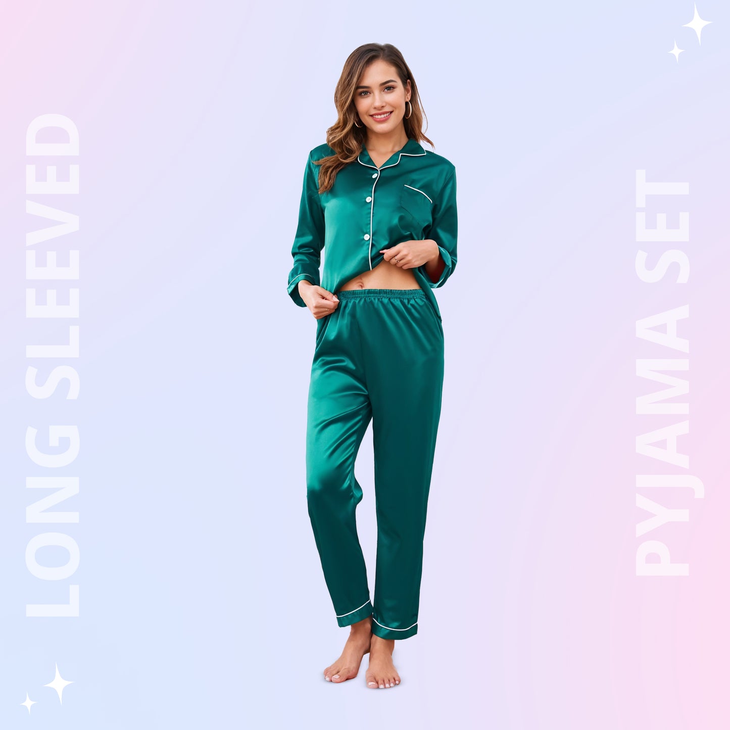 Women Silk pyjama Set - Long Sleeve Top & Elastic Waistband Pants