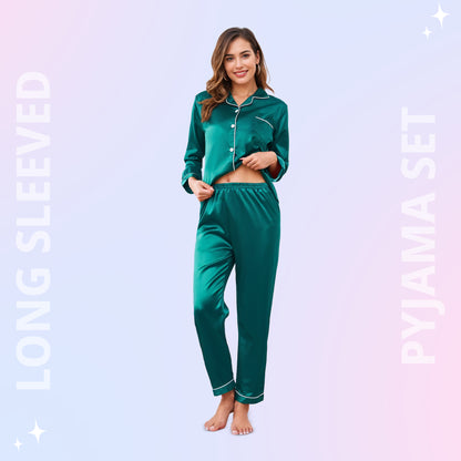 Women Silk pyjama Set - Long Sleeve Top & Elastic Waistband Pants