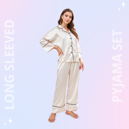 Women Silk pyjama Set - Long Sleeve Top & Elastic Waistband Pants