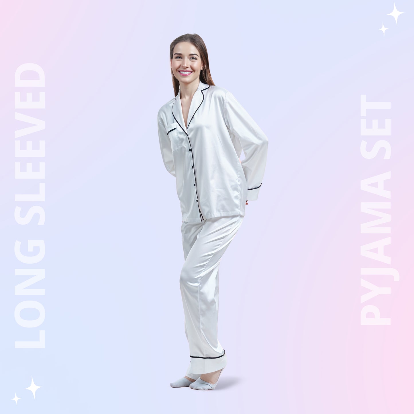 Women Silk pyjama Set - Long Sleeve Top & Elastic Waistband Pants
