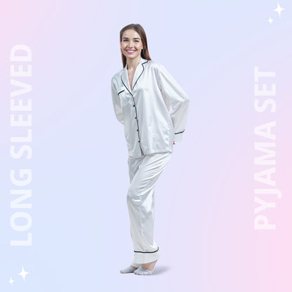 Women Silk pyjama Set - Long Sleeve Top & Elastic Waistband Pants