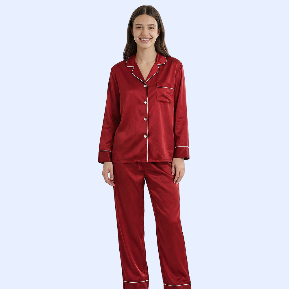 Women Silk pyjama Set - Long Sleeve Top & Elastic Waistband Pants