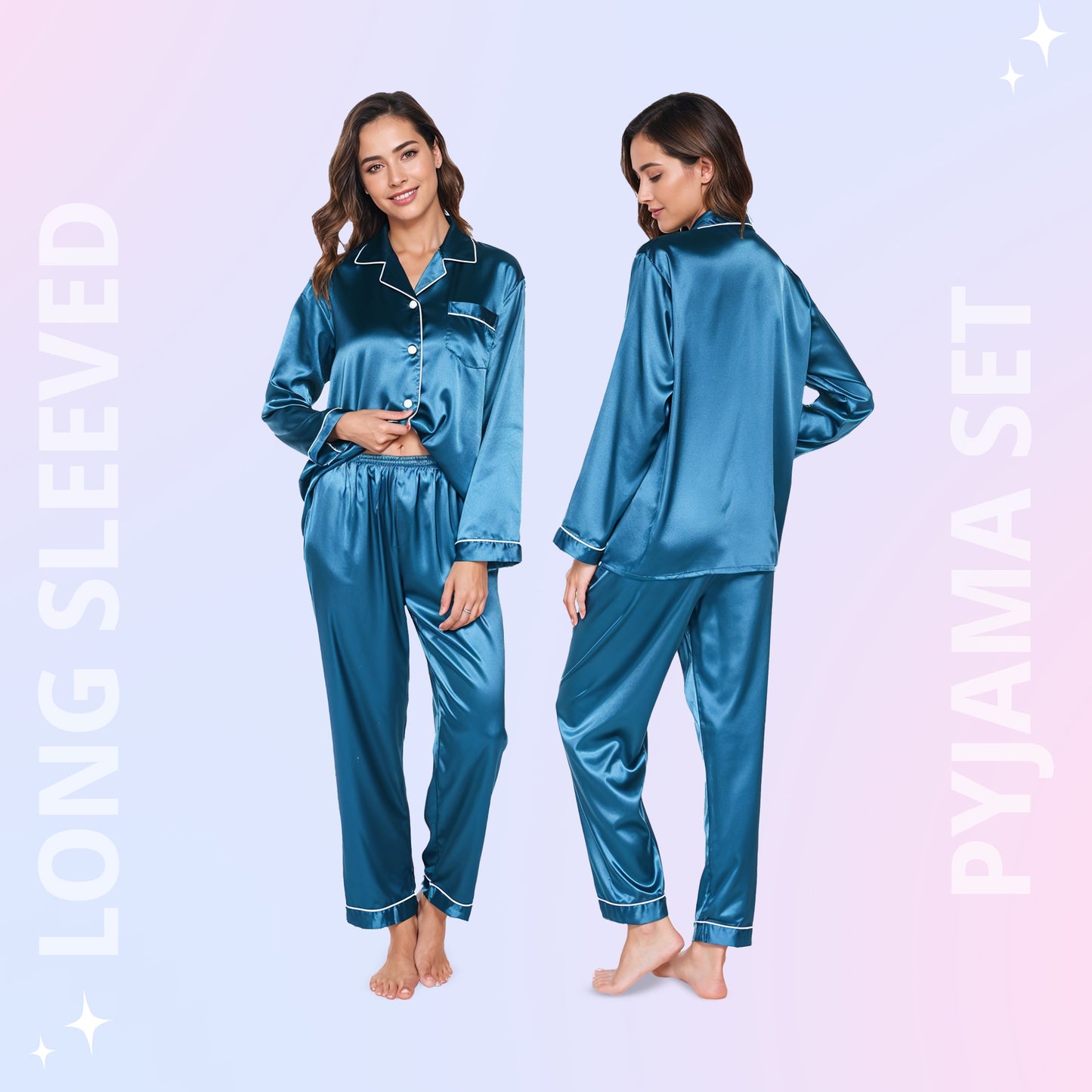 Women Silk pyjama Set - Long Sleeve Top & Elastic Waistband Pants