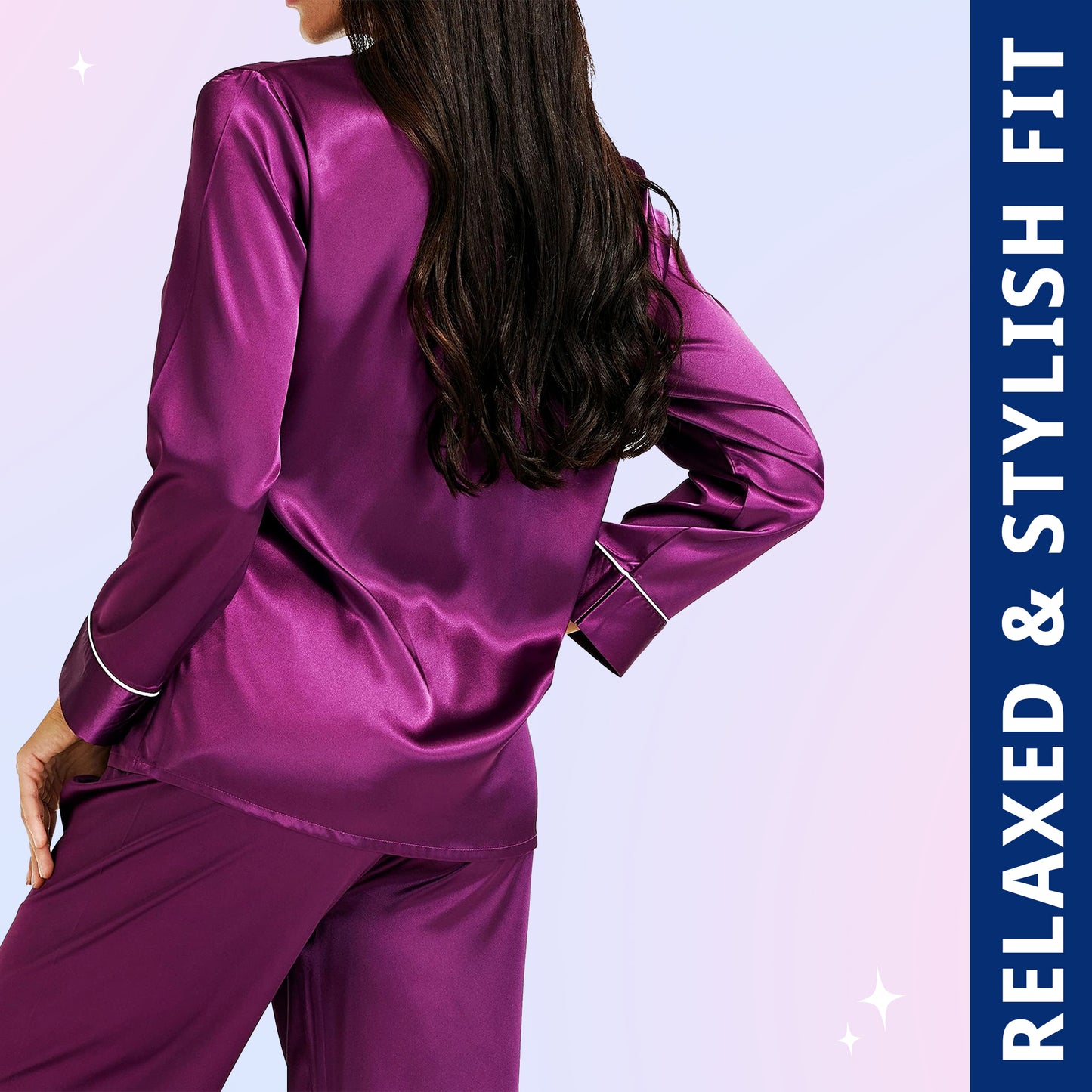 Women Silk pyjama Set - Long Sleeve Top & Elastic Waistband Pants