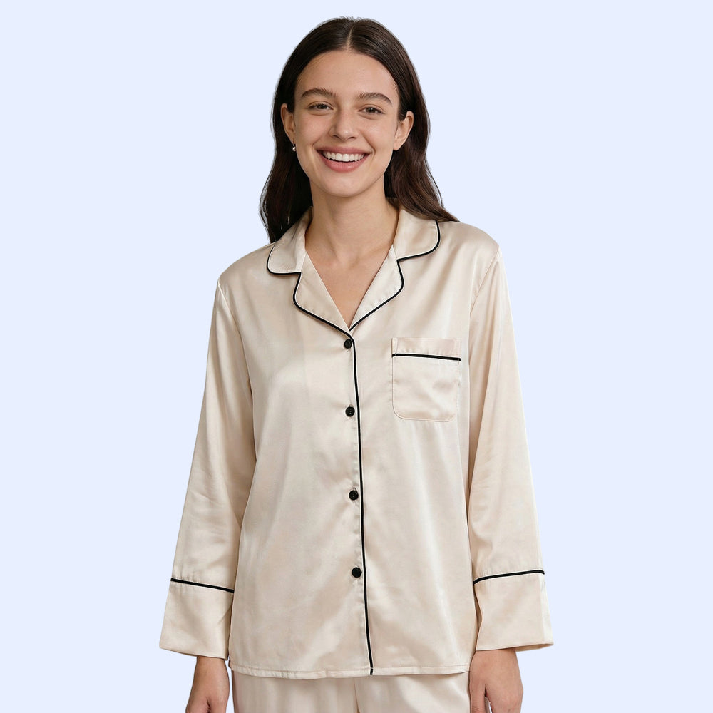 Women Silk pyjama Set - Long Sleeve Top & Elastic Waistband Pants