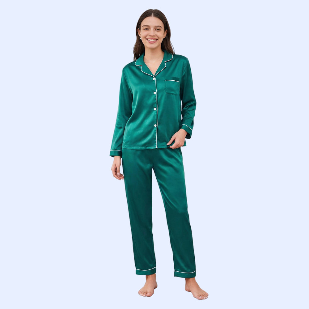 Women Silk pyjama Set - Long Sleeve Top & Elastic Waistband Pants