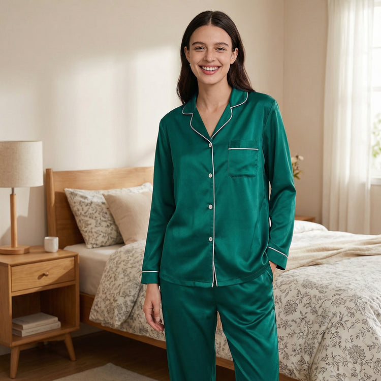 Women Silk pyjama Set - Long Sleeve Top & Elastic Waistband Pants