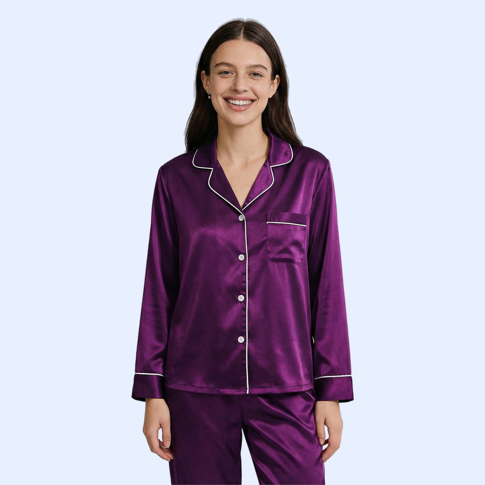 Women Silk pyjama Set - Long Sleeve Top & Elastic Waistband Pants
