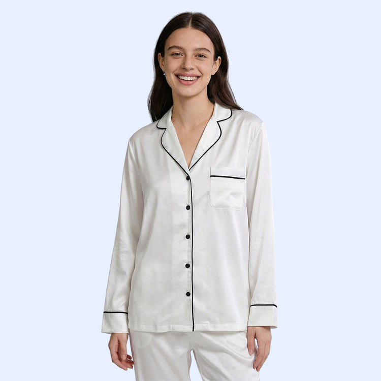 Women Silk pyjama Set - Long Sleeve Top & Elastic Waistband Pants