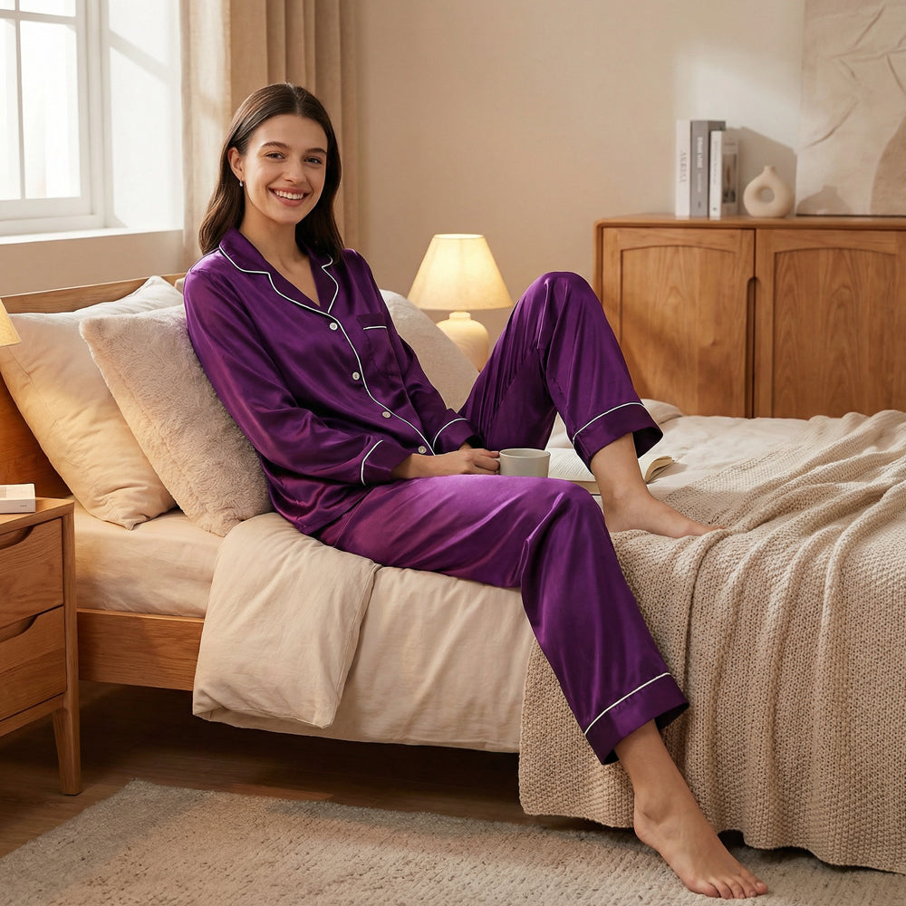 Women Silk pyjama Set - Long Sleeve Top & Elastic Waistband Pants